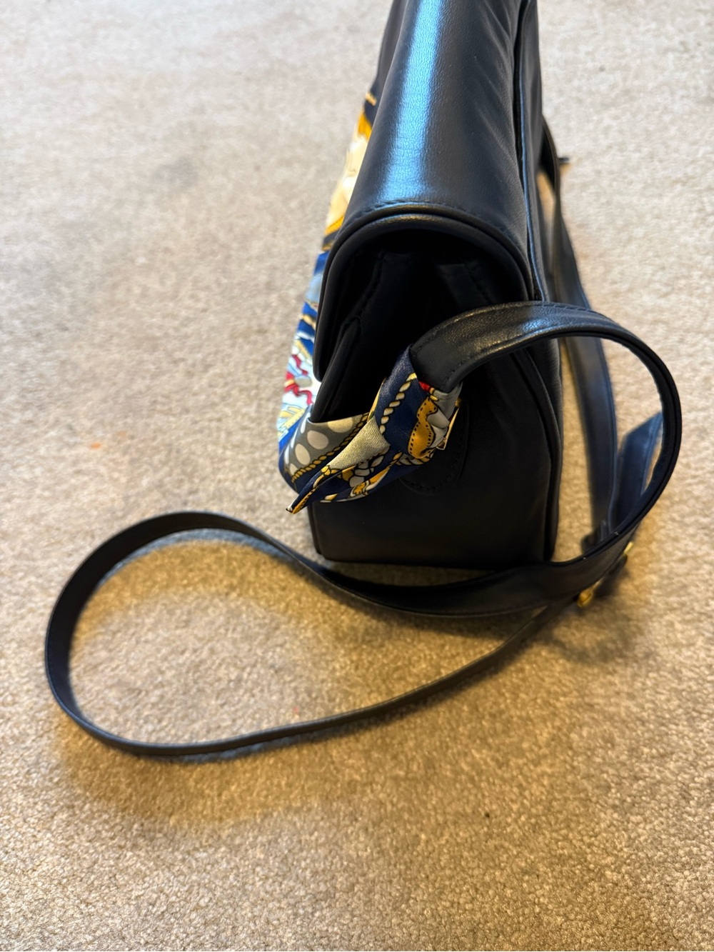Navy blue Leather Shoulder Bag with Patterned Scarf Accent - Picture 6 of 11